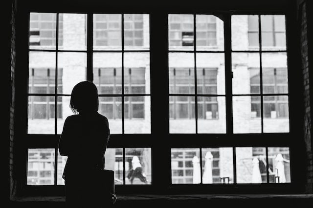 Woman in silhouette standing alone in a window.
