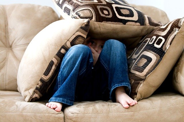 Little boy hiding among pillows on a sofa.