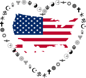 US flag inside heart of religious symbols