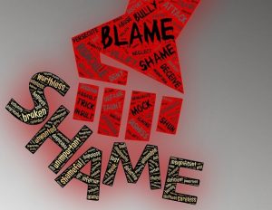 Graphic of a hand with with word like shame and blame on it, smashing into the word Shame