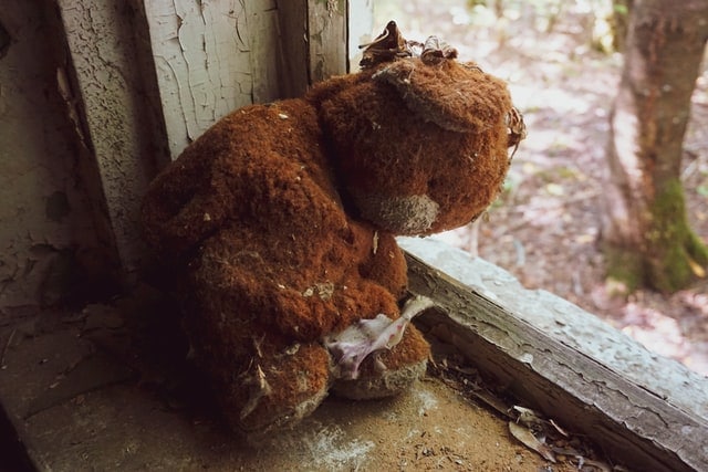 Worn teddy bear in an abandoned window at Chernobyl.