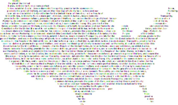 A map of the United States made up of the preamble to the Constitution in letters of all different colorsw.
